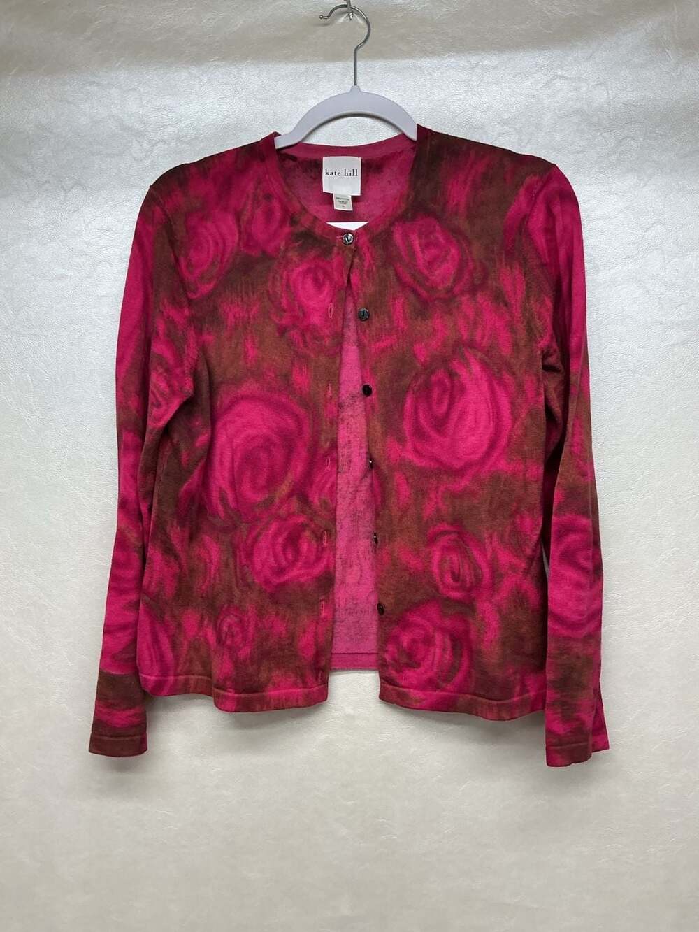 Kate Hill Rose Print Cardigan Knit Sweater Pink Brown Cotton Medium